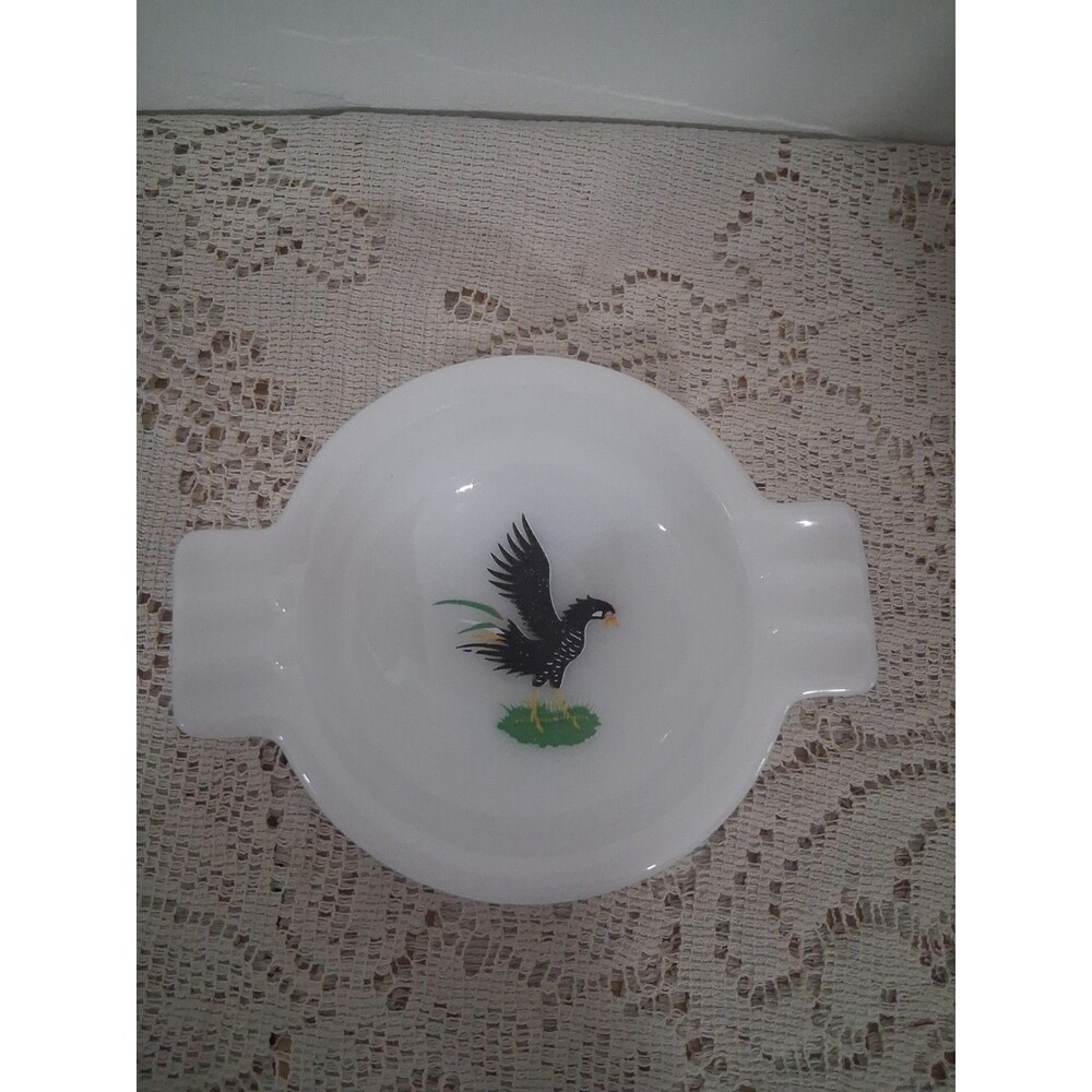 Vtg 50s 60s MCM Rooster Bird Milk White Glass Ashtray Trinket Dish Cottagecore